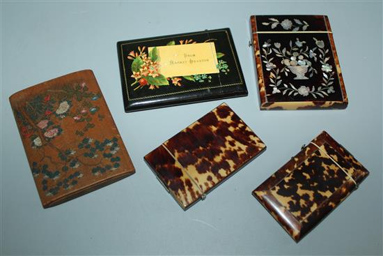 Victorian mother of pearl inlaid tortoiseshell calling card case and 4 others